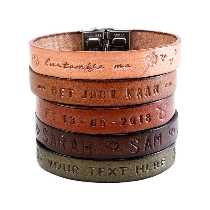 Tekst armband leer leren armbanden gepersonaliseerd met eigen tekst naam namen datum symbool sterrenbeeld op maat gemaakt handgemaakt