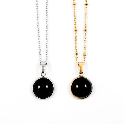 Ketting met zwarte onyx edelsteen hanger rond zilver of goud stainless steel